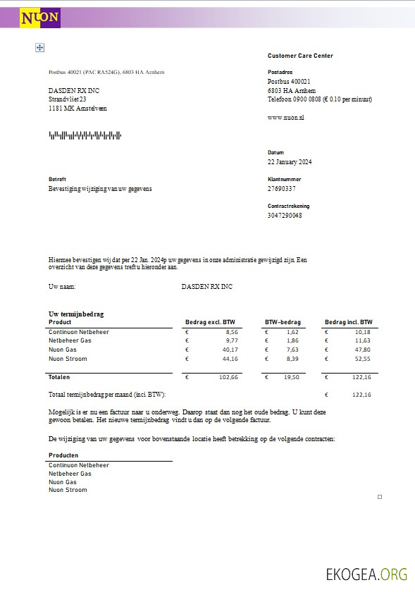 Modèle de facture de services publics de gaz NUON aux Pays Bas au format Word et PDF en langue néerlandaise